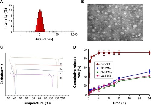 Figure 1 Characterization of Cur-PMs.Notes: (A) Size distribution of Phe-PMs. (B) Transmission electron microscopy images of Phe-PMs (scale bar =50 nm). (C) Differential scanning calorimetry curves of (a) Cur powder, (b) polymer of Phe-TPGS, (c) Phe-PMs, and (d) the mixture of Cur and polymer of Phe-TPGS. (D) In vitro release profiles of Cur-Sol, TP-PMs, Val-PMs, and Phe-PMs (mean ± SD, n=3).Abbreviations: Cur, curcumin; Cur-Sol, Cur solution; Phe-PMs, Cur loaded phenylalanine – D-α-tocopheryl polyethylene glycol 1000 succinate micelles; PM, polymeric micelle; TPGS, D-α-tocopheryl polyethylene glycol 1000 succinate; TP-PM, D-α-tocopheryl polyethylene glycol 1000 succinate micelle; Val-PMs, Cur loaded valine – D-α-tocopheryl polyethylene glycol 1000 succinate micelles.