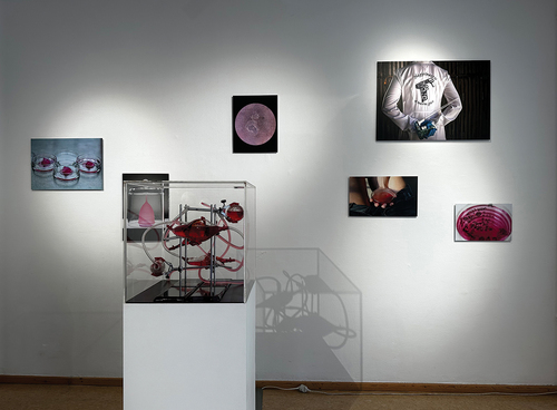 Figure 1. Installation of works for the matter of flux exhibition at art laboratory Berlin, including objects from the mooncalf project. © WhiteFeather Hunter, Citation2023.