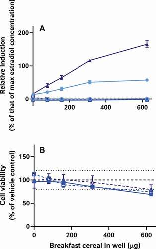 Figure 9. ‘Boosting’ the optimised alkaline extracts into the dynamic range of the CALUX assay by co-treatment with a fixed 5 pM concentration of oestradiol can result in oestrogenic activity in the process blanks (Panel A;Display full sizeclosed symbols andDisplay full sizesolid lines). However, the oestrogenic activities observed were always lower than the corresponding extraction of cereal samples. Non-‘boosted’ samples (Panel B;Display full sizeopen symbols andDisplay full sizedashed lines) were all negative for oestrogenic activity. These findings were reproducible, both at the level of independent CALUX retests of the same breakfast cereal extracts (not shown) and in tests of 3 independent extraction replicates shown here as individual shades of blue. In all cases, cell viabilities (Panel B) remained within the range of normal, except for a slight cytotoxicity characteristic of all process blank and sample extracts at the 625-µg treatment level