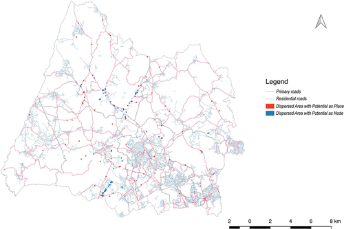 Figure 6. Re-urbanization potential development map for dispersed areas with potential to become a place or a node.