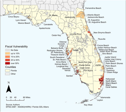 Figure 4. Florida’s municipal fiscal vulnerability to 6.6 ft of sea level rise.