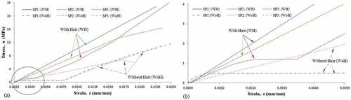 Figure 5. (a) Stress-strain curves of jute and BNH (WoH), and human hair, jute and BNH (WH) fibers reinforced polyester composites, and (b) stress-strain curves at initial stage of loading.