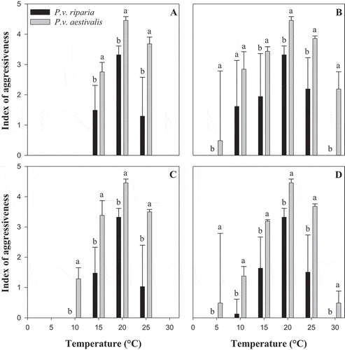 Fig. 6 Effect of temperature on the index of aggressiveness of the two formae speciales, Plasmopara viticola f. sp. aestivalis (P.v. aestivalis) and P. viticola f. sp. riparia (P.v. riparia), (a) during the infection process, (b) during the penetration process, (c) during the sporulation process and (d) during all three processes (the average of all three processes). Error bars represent the standard error of mean (STD) of the aggressiveness index. For each temperature, values of bars with the same letter are not significantly different according to Tukey’s test (P ≤ 0.05)