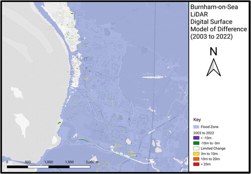 Figure 12. Burnham-on-Sea LiDAR 2003 to 2022 DSM comparison (OpenStreetMap).