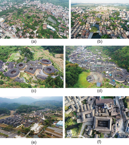 Figure 2. A. Aerial view of Qiangang (50% of traditional buildings have collapsed). b. Aerial view of Nanshe (traditional buildings are well protected and utilized). c. Aerial view of Tianluokeng (traditional buildings are well protected and utilized). d. Aerial view of Taxia (traditional buildings were all protected and utilized). e. Aerial view of Yaxi (traditional buildings are well protected and utilized). f. Aerial view of Yangcun (some traditional buildings are in danger of collapse).
