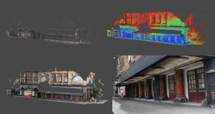 Figure 1a. Photogrammetric 3D modelling of Plymouth’s Union Street showing sparse point cloud, dense point cloud, point cloud confidence, 3D model (Musaab Garghouti).