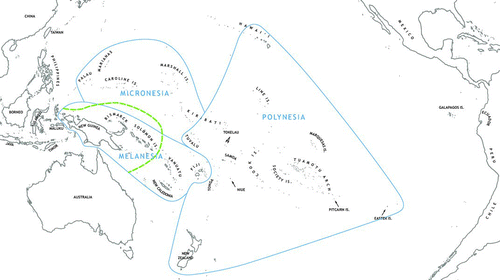 Figure 1 Map of the Pacific (modified from Kirch Citation2000a:6) showing major islands and archipelagos, the traditional geographic divisions of Melanesia, Micronesia, and Polynesia, and the division between Near and Remote Oceania, indicated by the broken line east of the main Solomon Chain (color figure available online).