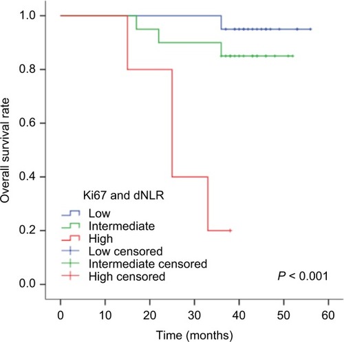 Figure 4 Kaplan–Meier survival curves for NPC patients concerning both Ki67 expression and dNLR.Abbreviations: dNLR, derived neutrophil–lymphocyte ratio; NPC, nasopharyngeal carcinoma.