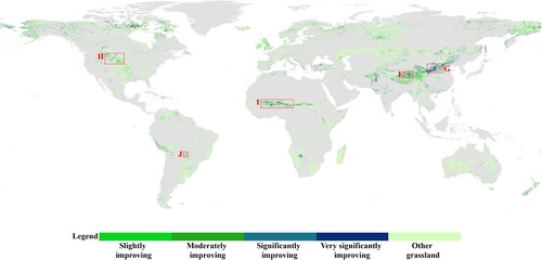 Figure 5. Distribution of global grassland improving areas in different degrees from 2000–2020 and hotspots locations: Qinghai-Tibet Plateau in China (region F); Loess Plateau (region G); Central North America (region H); Western Sahel in Africa (region I); Northern La Plata (region J).