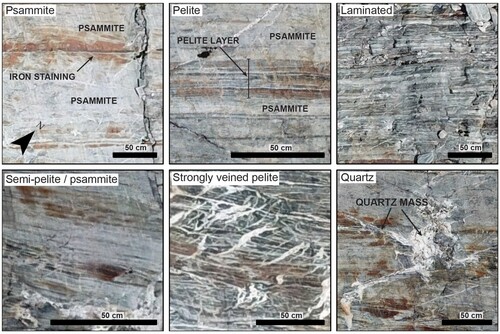 Figure 7. Orthophotograph images showing representative examples of each of the six lithological classes that we recognised in our mapping of the schist.