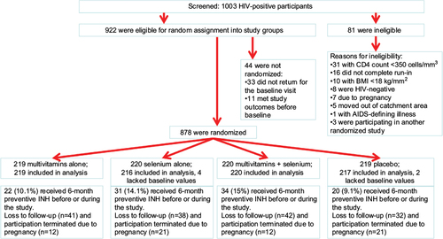 Figure 1 Flowchart describes the activities of the study at the steps of screening and randomization, and shows those lost to follow-up and receiving preventive INH by the supplementation group. Of the 878 participants enrolled and randomized, 872 were included in the analyses; data for 6 patients (0.06%) were missing. Total loss to follow-up was 17.5% (153/872), which included those who missed more than three of the monthly visits, those whom we were unable to contact and did not return for a study visit, as well as those who moved from the catchment area and those who chose to discontinue participation. Chi-square analysis showed that there were no significant differences among the groups in missing endpoints (P=0.86), or receiving INH preventively before entering the trial (P=0.122). The rate of preventive INH among the incident cases of TB was 12.5% and not different from the total rate of 107/878 (12.2%).