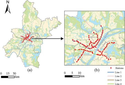 Figure 1. Four railway lines of Wuhan selected for this study.
