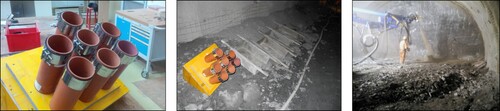 Fig. 6: Molds for spraying directly cylindrical specimens (left), molds and spray boxes placed at the tunnel site (center), and spraying of cylindrical specimens at the tunnel face (right)