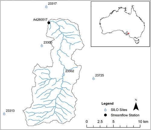 Figure 1. Map of the catchment contributing to station A5050517 and rainfall stations within and near the catchment. Rainfall site 23705 is 20 km to the south, at a similar elevation and annual rainfall to site 23313.