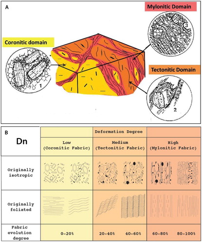 Figure 2. (A) Idealized block diagram showing the coexistence of contrasted metamorphic texture due to the deformation partitioning at meso- and micro-scales (modified after CitationLardeaux & Spalla, 1990). (B) Semi-quantitative estimate of FE during progressive foliation development, starting from originally foliated or isotropic rocks (CitationBell & Rubenach, 1983; CitationGosso et al., 2015; CitationSalvi et al., 2010). Dn: successive deformation stage.