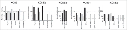 Figure 1 Human KCNE expression in healthy and cancer tissues. Affymetrix GeneChips HG-U95A-E (GeneNote, http://bioinfo2.weizmann.ac.il/cgi-bin/genenote/home_page.pl) and HG-U133A (GNF, (http://biogps.gnf.org) normalized as described in GeneCard (http://www.genecards.org). Black columns: healthy tissue (GeneNote); Grey columns: healthy tissues (GNF); White columns: cancer samples (GNF).