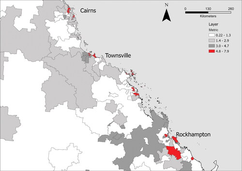 Figure 3 Map showing an index of data validity, for this study’s data, applied to Queensland postcodes. The metric is a sum of two z scores, with the lowest possible value of 0 and the highest possible value of 10. The highest metric score for the current data set is 7.9. Postcodes with scores above 4.8 have been highlighted (shaded red), as these represent the highest 10 percent of metric scores. Note that the shaded areas are broadly similar to those highlighted through hot spot analysis and cluster and outlier analysis.