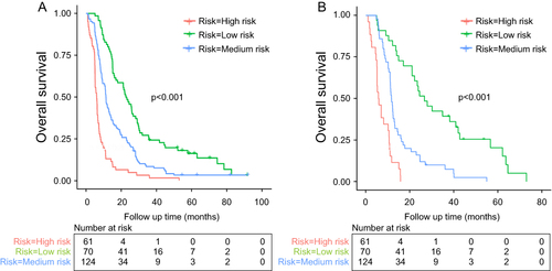 Figure 5 Kaplan-Meier OS curves for subgroups of patients. Patients were stratified by the nomogram in the training cohort (A) and validation cohort (B).