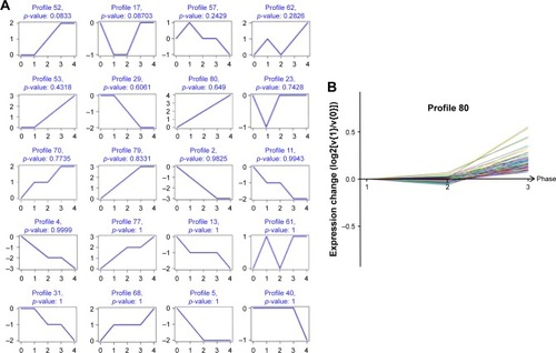 Figure 2 Cluster analysis of differently expressed gene, (A) the top 20 significant cluster profiles. (B) Of these clusters, number 80 comprised genes that gradually expressed different levels at different points of time.