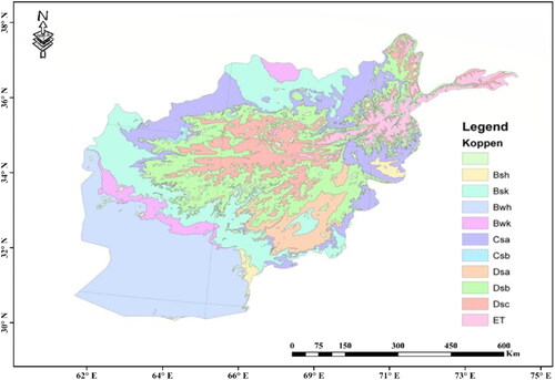 Figure 2. Detailed climate map of Afghanistan (Bsh, Bsk: cold semiarid steppes; Bwh, Bwk: warm and cold deserts; Csa: humid subtropical; Csb: Mediterranean; D: humid continental; ET: extreme tundra) (Source: De Bie et al. Citation2007; Shroder Citation2014).