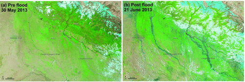 Figure 2 A pre- and post-flood image of the Uttarakhand, and western Nepal and adjoining Tarai region from MODIS on NASA's aqua satellite (Source: http://earthobservatory.nasa.gov/IOTD/view.php?id=81450). Note high discharge in the rivers in the post-image