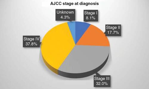 Figure 2. American Joint Committee on Cancer 8th edition 2017 stage at diagnosis in the study population.n = 209.AJCC: American Joint Committee on Cancer.Reproduced with permission from [Citation34].