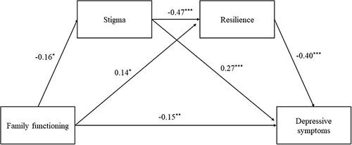 Figure 1 Standardized path coefficients for the mediating model.