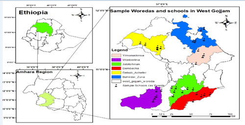 Figure 1. Sample woredas and schools.The above graphic representation illustrates the geographical coordinates of West Gojjam Sample woreda and the strategic placement of sample schools within the study area, providing a visual reference for the locations under investigation.