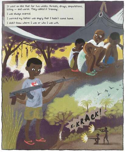 Figure 5. Michel is inspecting a rifle. Note human copses hanging off the trees in the background that are almost indistinguishable from the trees. Drawn to mimic the landscape, they are not easily noticeable by younger readers, yet their presence is a significant means to render the violence of the environment that the children are living in (Humphreys, Chikwanine, Dávila Citation2015, 23).