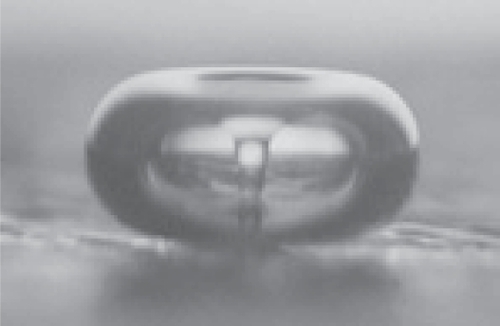 Figure 1 With transient cavitation the bubble dynamics have two basics stages comprising the initial formations of the cavity followed by the growth and asymmetric violent collapse. The photo shows the jet produced by the collapse of a cavitation bubble at a liquid-solid interface. [Photo courtesy of Dr. Lawrence Crum at the University of Washington.]