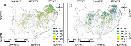 Figure 6. Spatial distribution of duration of winter fallow arable lands based on MOAMT method and DT method. a, b illustrated the spatial distribution of the winter fallow arable lands with a duration of >80 days based on MOAMT and DT, respectively.