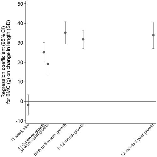 Figure 3. Two stage multilevel linear spline: conditional change in length as predictors of 6 year whole body BMC (g).