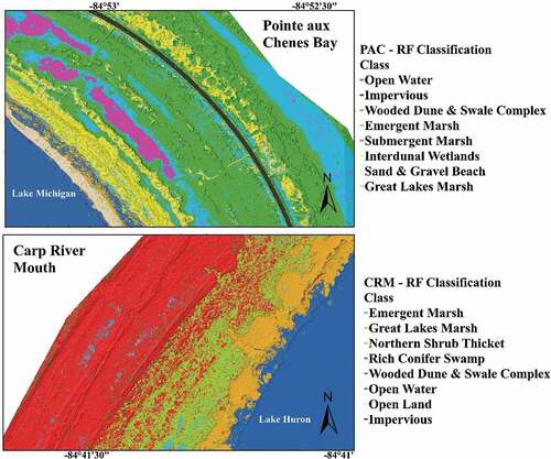 Figure 9. Landforms influence on natural communities for the PAC and CRM study sites are highlighted when draped over a multi directional oblique weighted (MDOW) hillshade. Classifications derived using Random Forest.