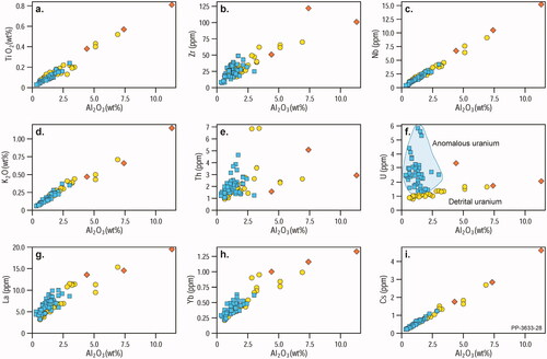 Figure 19. Plots of TiO2, K2O, La, Zr, Th, Yb, Nb, U and Cs versus Al2O3. Blue squares and yellow circles = Port Campbell Limestone (high- and low-U, respectively), and orange diamonds = Gellibrand Marl. Note the good positive correlation between Al2O3, which provides a measure of the detrital component in the rocks, and the majority of elements suggesting that the abundances of most elements are largely a function of the amount of detrital material in the Port Campbell Limestone (and Gellibrand Marl). One exception is U, which shows a range of behaviour versus Al2O3. Low-U samples (<2 ppm U, designated by the circles) show a good positive correlation with Al2O3, suggesting control by the detrital input. In contrast, the high U subgroup (highlighted) show a complete decoupling from Al2O3 and most other elements suggesting an additional control on U concentration.