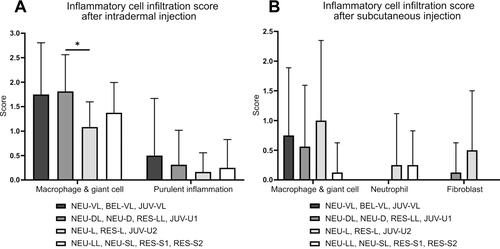 Figure 6 Inflammatory cell infiltration score (mean ± SEM) after intradermal (A) and subcutaneous (B) injection of 14 HA dermal fillers (group comparison based on clinical indication and injection depth). *Indicates a significant difference (p < 0.01) in mean inflammatory cell infiltration score.