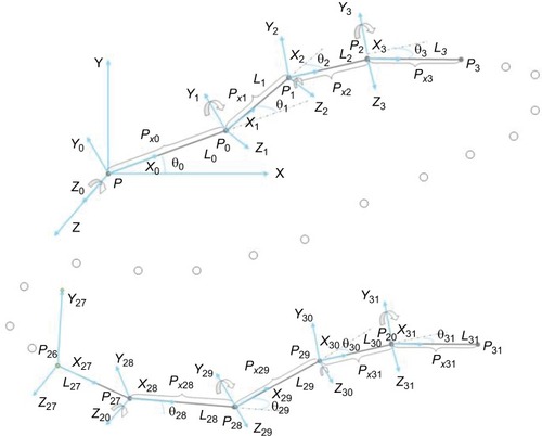 Figure 5 Total kinematic diagram excluding inner segments with repetitive nature. Four axis transformations are shown beginning (above) and ending (below).