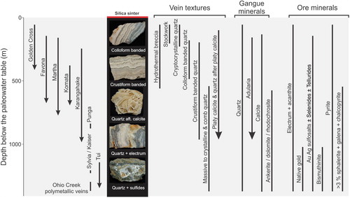 Figure 7. Paleodepth relations of vein textures, and gangue and ore minerals, that along with fluid inclusion data enable the estimated depth range below the paleowater table of some deposits (modified after Christie et al. Citation2007).