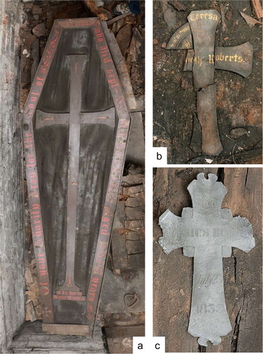 FIG. 13 Painted text on coffins in Vault 4: (a) V4A for Mary Roberts, d. 1848; (b) V4C for Teresa Roberts d. 1839; (c) small copper alloy cross on child coffin for Aloysius Roberts d. 1833 (photos by J.R. Peterson).