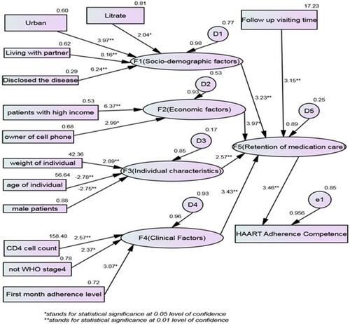 Figure 2 Path analysis of predictor variables for estimating mean values (Wi), variances, disturbance terms (Di) and errors (ei) on the dependent variable (HAART adherence competence).