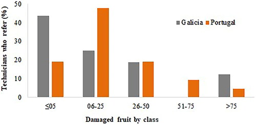 Figure 3. Damage per class fruits in percentage, reported by the technicians.