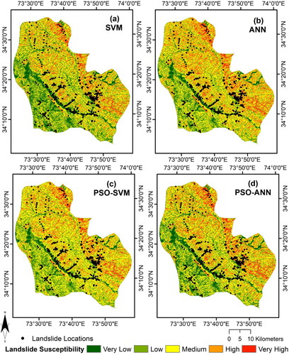 Figure 5. Formulated landslide susceptibility maps using SVM (a), ANN (b), SVM-PSO (c), and ANN-PSO (d) models.