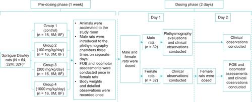 Figure 1 Study schematic for the safety pharmacology evaluations conducted in rats. Animals were assigned to the study using a computerized procedure designed to achieve body weight balance with respect to subgroup assignment. Eight males (M) per group underwent plethysmography evaluation and eight females (F) per group underwent FOB and locomotor activity assessments. Dose levels and concentrations were expressed as the maleate salt and based on trazpiroben as supplied with no correction. Group 1 received the control formulation only. Day 1 of the dosing phase is defined as the first day of dosing for each sex.