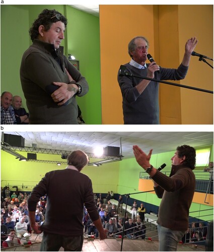 Figure 8. Two different camera angles: shot in front of the stage with the mobile camera (8A) and onstage behind the poets with the fixed camera (8B) during a contrasto between Emilio Meliani and Niccolino Grassi (Ribolla 2016).