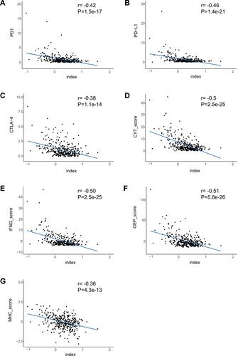 Figure 5 The association between the classifier index and immune features. (A–G) The correlation of the classifier index with PD1, PD-L1, CTLA-4, CYT score, IFN-γ score, GEP score, as well as MHC score.