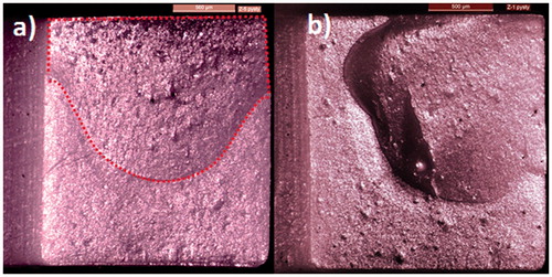 Figure 7. Optical microscope images of fractured ZrO2 surfaces exhibiting lowest measured strength. (a) low strength (57 MPa) specimen with delamination covering roughly half of cross-sectional area true fractured surface area marked with dashed red line) and (b) low strength sample (35 MPa) with one of the lowest measured strength. The compression surface is facing upwards and tensile surface downwards.