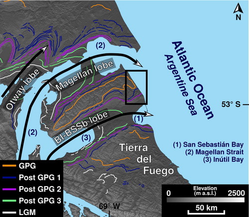 Figure 2. Map of ice lobe limits over southern Patagonia and Tierra del Fuego for the Great Patagonian Glaciation (GPG), Post-GPG 1, 2, and 3, and the Last Glacial Maximum (LGM) (based on CitationRabassa et al., 2011). The base layer is a GMTED2010 DEM.