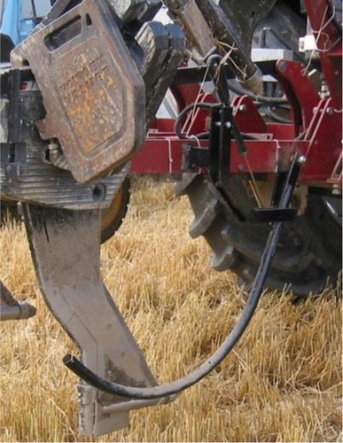 Figure 3. The depth measuring system. The curved metal pipe followed the soil surface and was attached to the metal frame. The angle was measured and from that the depth of the cones could be calculated.