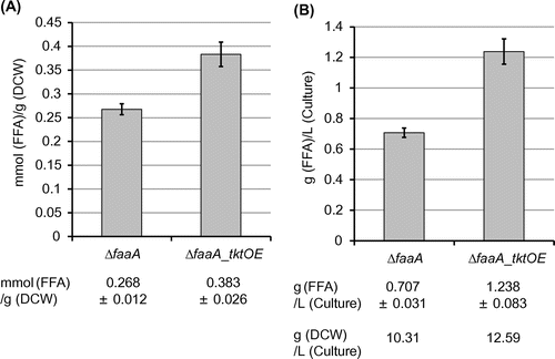 Fig. 2. FFA productivity (A) and the production yield (B) of the ΔfaaA and the ΔfaaA_tktOE strains.