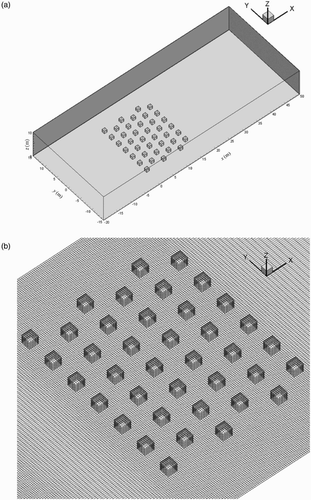 Figure 4. Staggered obstacle array in the experiment and simulation for (a) the computational domain and (b) the grid settings.