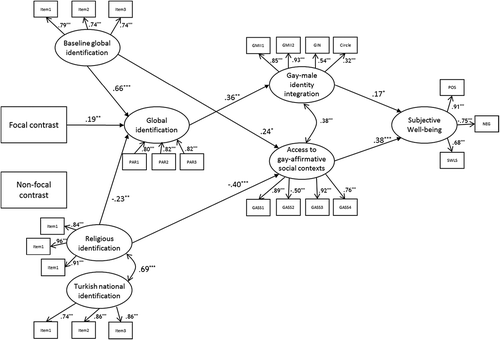 Figure 2. Structural equation model with standardized estimates. Solid lines show significant paths, and non-significant paths were not included in the figure (*p < .05; ** p < .01; **p < .001).